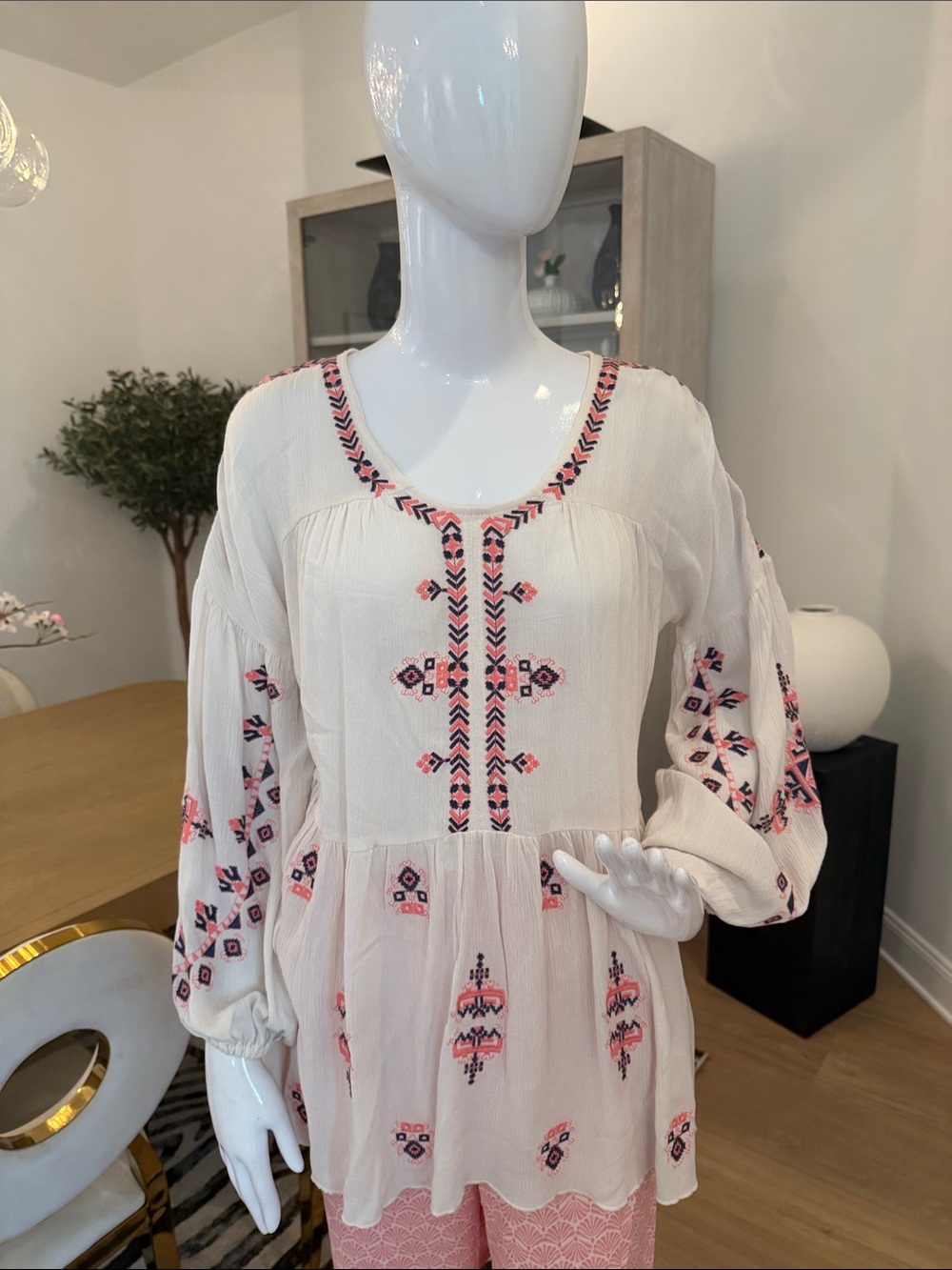 Boho Embroidered Peasant Top - White with Pink & Navy